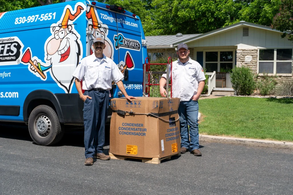 HVAC Technicians Delivering AC Condenser Unit - Fredericksburg, TX