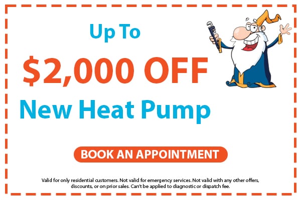 Image of a coupon for up to $2,000 off a new heat pump. Click here to book an appointment.