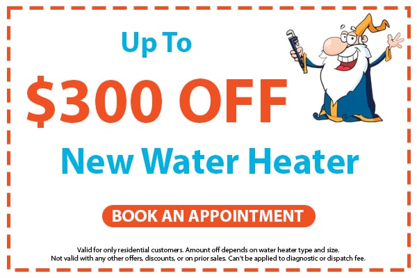 Image of a coupon for up to $300 off a new water heater. Click here to book an appointment.