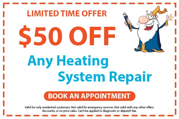 Image of a coupon for $50 off any heating system repair. Click here to book an appointment.