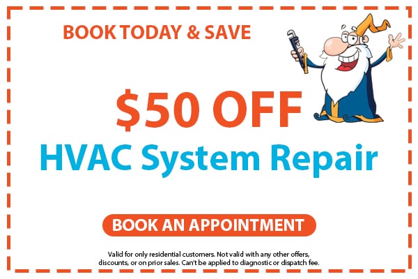 Image of a coupon for $50 off any hvac system repair. Click here to book an appointment.