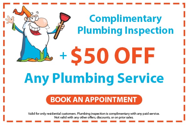 Image of a coupon for a complimentary plumbing inspection with $50 off any plumbing service. Click here to book an appointment.