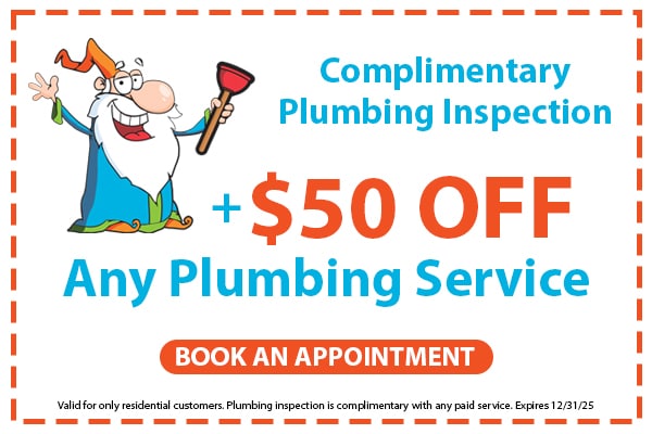 Image of a coupon for $50 off any plumbing service. Click here to book an appointment.