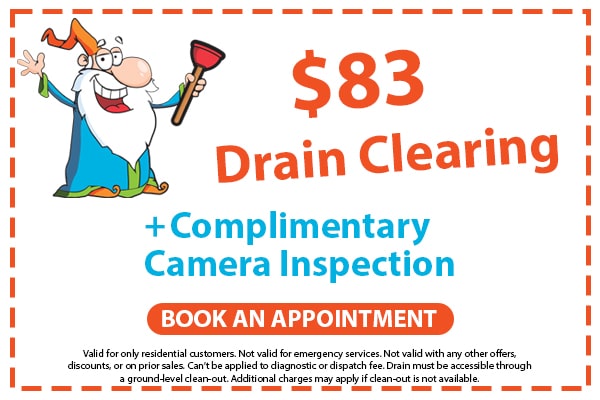 Image of a coupon for $83 drain clearing plus a complimentary camera inspection. Click here to book an appointment.
