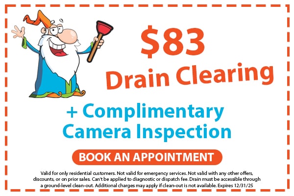 Image of a coupon for $83 drain clearing plus a complimentary camera inspection. Click here to book an appointment.
