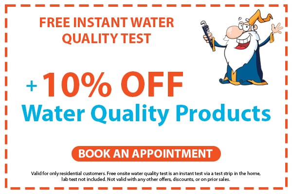 Image of a coupon for a free in-home water quality test and 10% off water quality products. Click here to book an appointment.