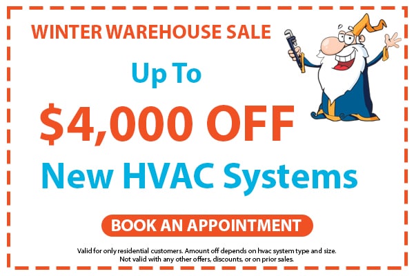 Image of a coupon for a limited time offer for up to $4,000 off new HVAC systems. Click here to book an appointment.