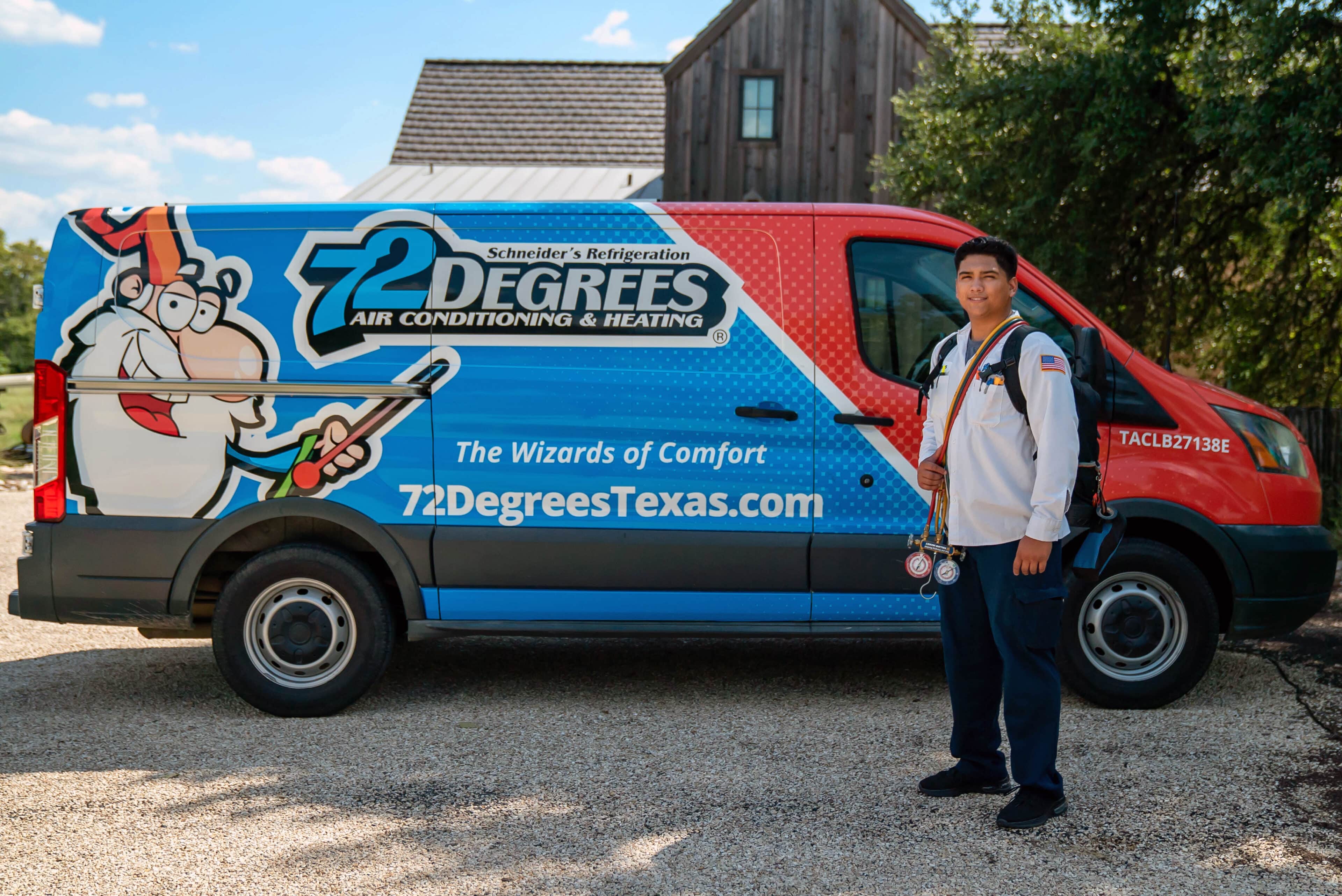 Technician standing in front of 72 Degrees Texas truck