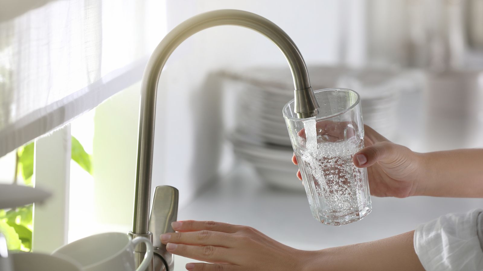 Filling up a clean glass of water at the kitchen faucet.