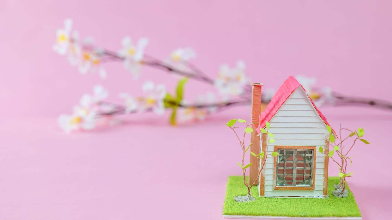 Illustrated image of a model home and a spring blooming cherry blossom branch