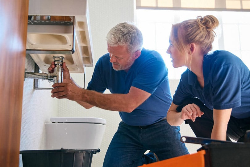 Plumbers inspecting pipes under a sink