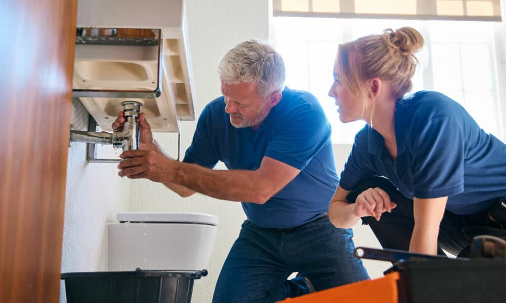 Plumbers inspecting pipes under a sink