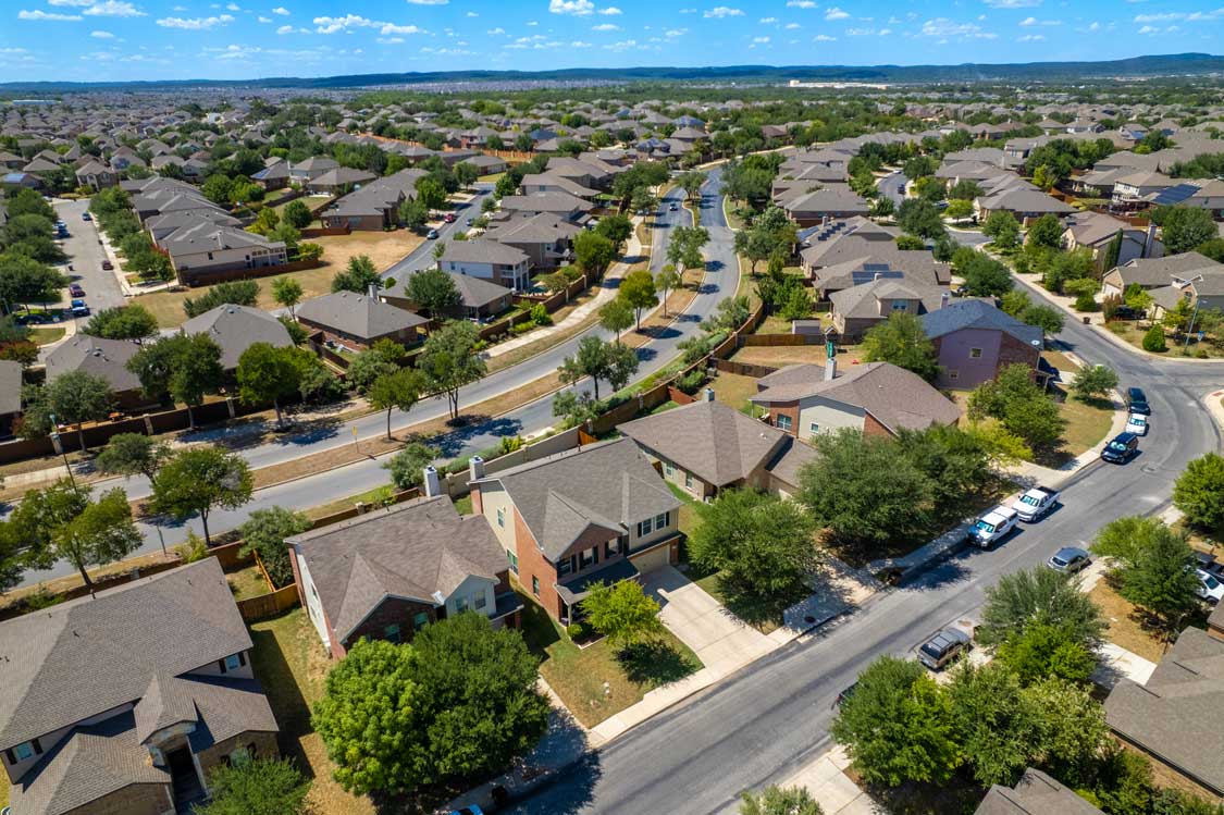 An aerial view of a Texas suburb neighborhood